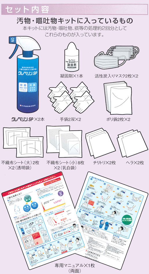 様々な汚物嘔吐物を簡単に処理・クレベリン汚物・嘔吐物処理キット：汚物・嘔吐物キットに入っているもの